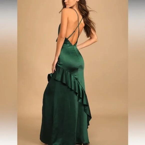 Lulus Green Satin Lucky Lady Ruffled Gown- Size M - Picture 2 of 15